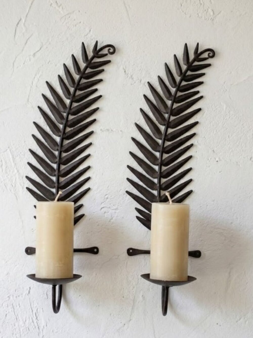 Vintage MCM Iron Fern Leaf Wall Sconces Made in India Bronze Candle Holders Set